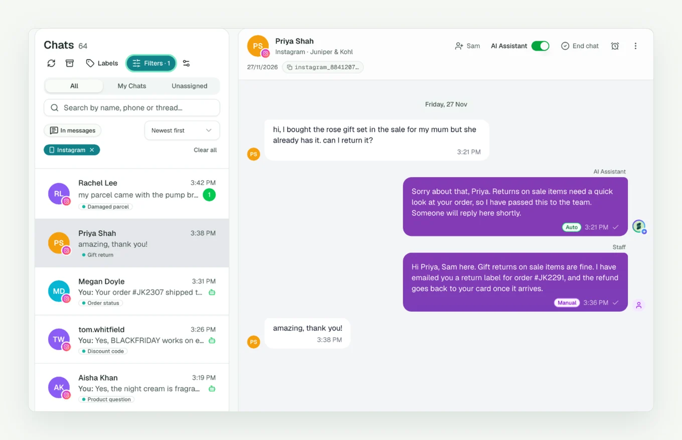 The Support Fabric inbox on Black Friday: order status, discount and product questions answered by the AI agent, and a gift return passed to a teammate who replies in the same chat (demo store Juniper & Kohl, recreated with demo data)