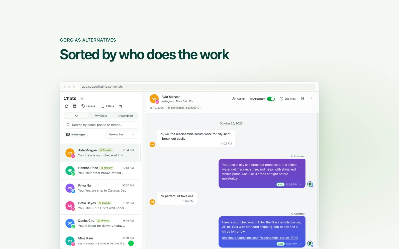 The Support Fabric chats inbox with Instagram, WhatsApp and Messenger chats in one list, and an Instagram DM where the AI agent answers a serum question and sends a checkout link (recreated from a demo store).