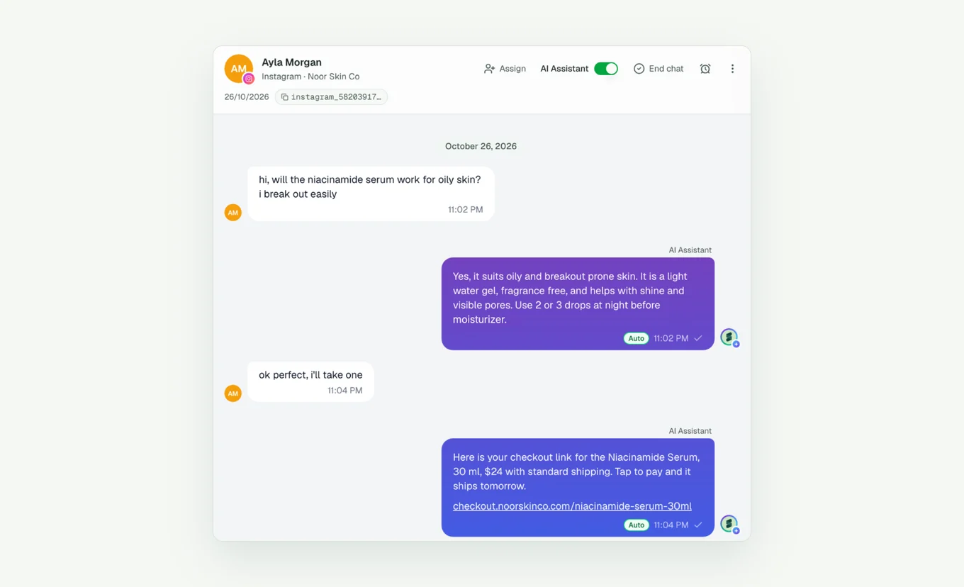 An Instagram DM in the Support Fabric inbox where a customer asks at 11:02 PM if a niacinamide serum suits oily skin, and the AI agent answers and sends a checkout link (demo store Noor Skin Co, recreated with demo data).