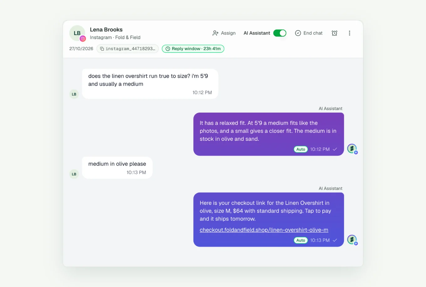 An Instagram DM in the Support Fabric inbox where the AI agent answers a sizing question and sends a checkout link for a linen overshirt (demo store Fold & Field, recreated with demo data).