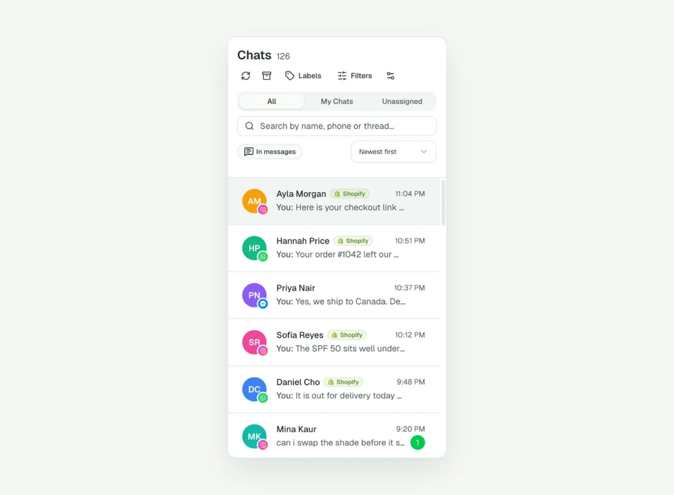 The Support Fabric chats inbox with Instagram DMs, WhatsApp and Messenger chats in one list, most of them already answered by the AI agent (demo store Noor Skin Co, recreated with demo data).