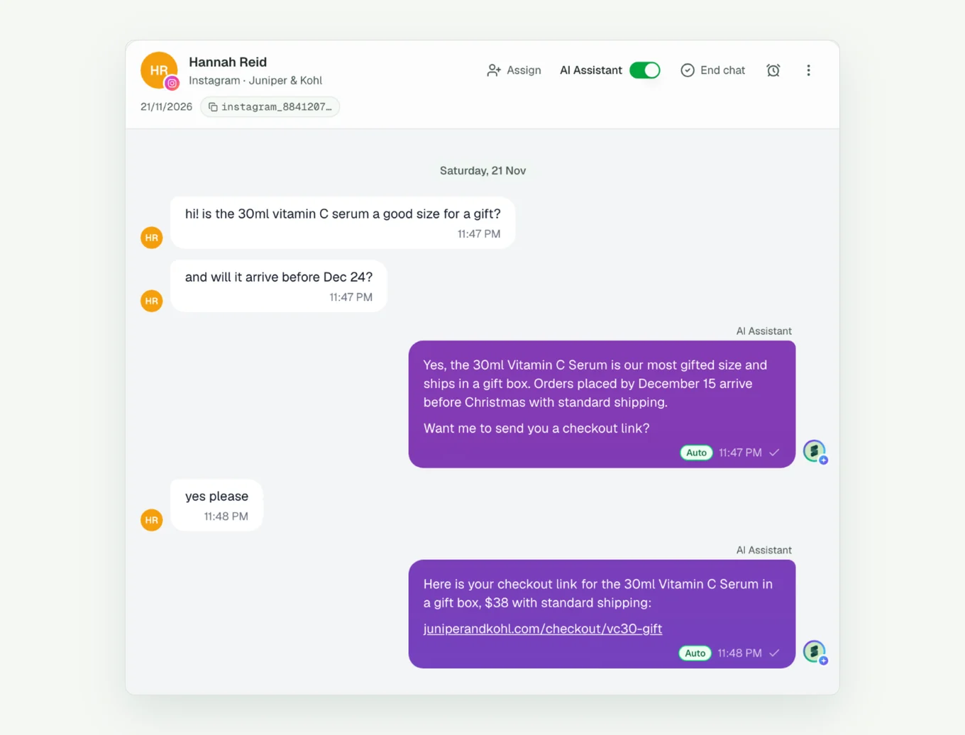 An Instagram DM in the Support Fabric inbox: a shopper asks at 11:47 PM if a vitamin C serum works as a gift and will arrive before December 24, and the AI agent answers within the minute with a checkout link (demo store Juniper & Kohl, recreated with demo data)